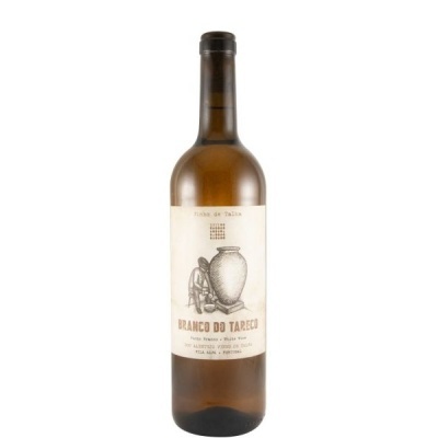 Garrafa de vinho branco com rótulo e ilustração de homem junto a vaso