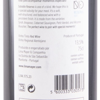 Rótulo traseiro de garrafa de vinho tinto Subsídio Reserva contendo informações sobre castas e origem.