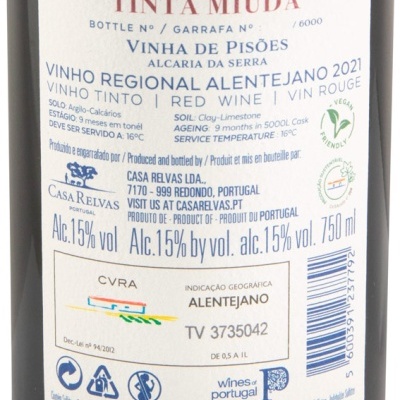 Etiqueta de vinho tinto Vinha de Pisões 2021 com informações e selos