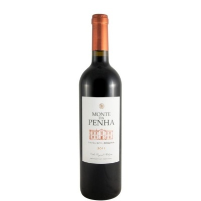 Garrafa de vinho tinto Monte da Penha 2011 com rótulo branco e tampa laranja