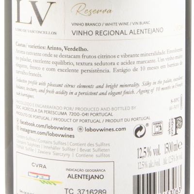 Rótulo de vinho branco reserva LV Lobo de Vasconcellos, Vinho Regional Alentejano 2020