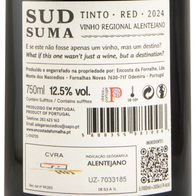 Etiqueta de vinho tinto Sud Suma 2024 com informações de produção e composição