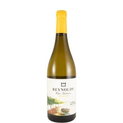 Garrafa de vinho branco com rótulo branco e rolha amarela.