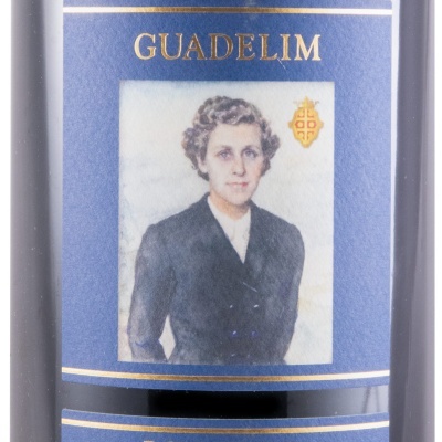 Rótulo azul de vinho com pintura de mulher e texto GUADELIM e DONA TERESA
