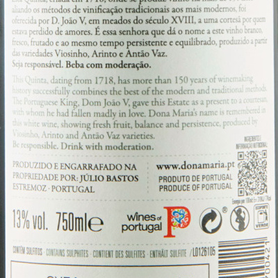Etiqueta de vinho branco Dona Maria de 750ml e 13% vol.