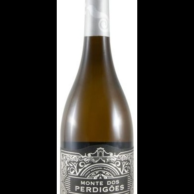 Garrafa de vinho branco Monte dos Perdigões com rótulo preto e branco