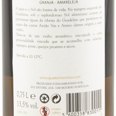 Rótulo de vinho Guadelim D.O.C Alentejo com texto descritivo e selo de denominação de origem.