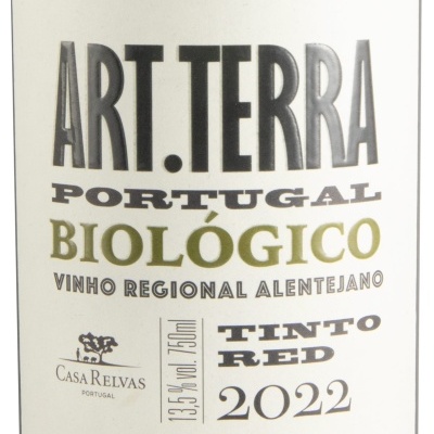 Rótulo de vinho tinto biológico de Portugal com texto ART.TERRA, PORTUGAL, BIOLÓGICO, VINHO REGIONAL ALENTEJANO, CASARELVAS, 13,5% vol., 750 ml, TINTO RED, 2022.