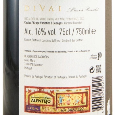Etiqueta traseira de garrafa de vinho tinto DOC Alentejo, variedade Alicante Bouschet, 16% álcool, 750ml, sulfitos, Herdade dos Casarões, Portugal