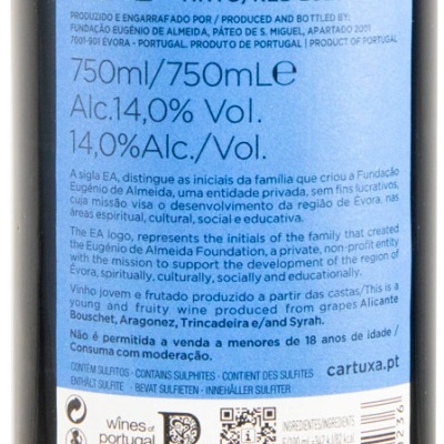 Rótulo de vinho tinto regional Alentejano 2023 com informações de produção e composição