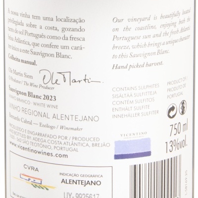Etiqueta de vinho branco Sauvignon Blanc 2023 com texto em português e inglês
