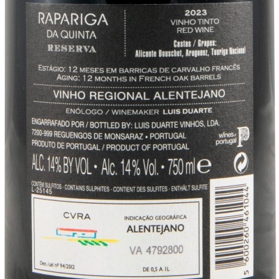 Rótulo de vinho tinto Rapariga da Quinta Reserva 2023
