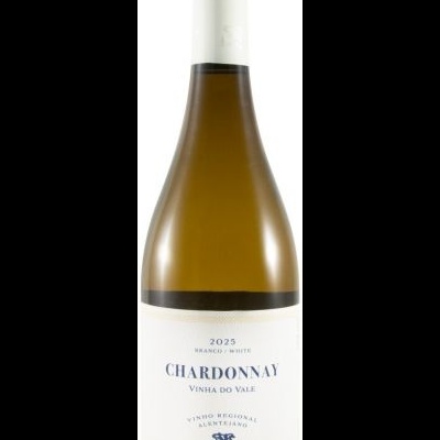 Garrafa de vinho branco Chardonnay 2023 com rótulo branco e texto azul