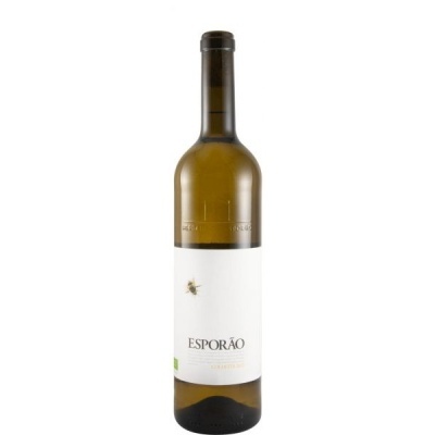 Garrafa de vinho branco Esporão com rótulo branco e abelha sobre fundo branco