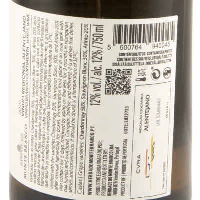 Etiqueta de garrafa de vinho branco 750 ml com texto e código de barras
