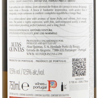 Etiqueta de vinho branco DOC Alentejo Portalegre 2025 com detalhes de castas e produção, 750 ml