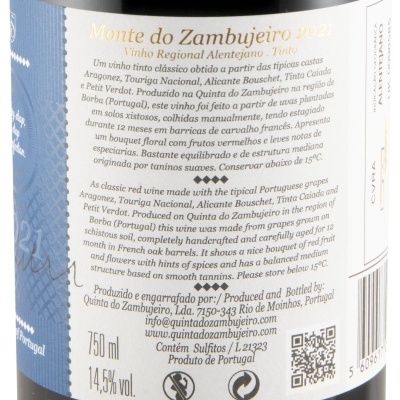 Etiqueta de vinho tinto Monte do Zambujeiro 2021 com texto em português e inglês, 750 ml, 14,5% vol.