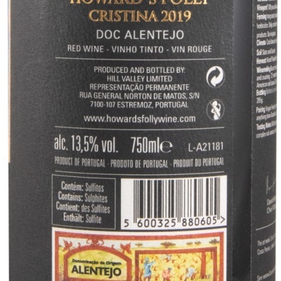 Etiqueta de vinho tinto Howards Folly Cristina 2019 DOC Alentejo com selo de origem e código de barras