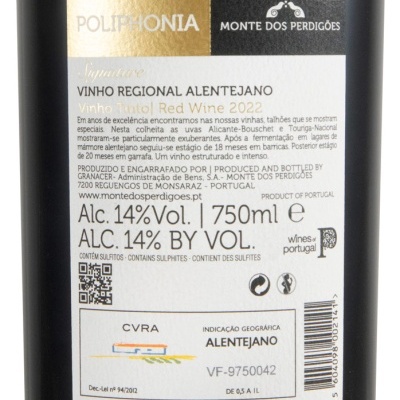 Rótulo branco e dourado de vinho tinto Poliphonia Signature, 750 ml, 14% álcool, Alentejano