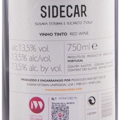 Rótulo de vinho tinto SIDEAR com informações de álcool, volume e produtor.