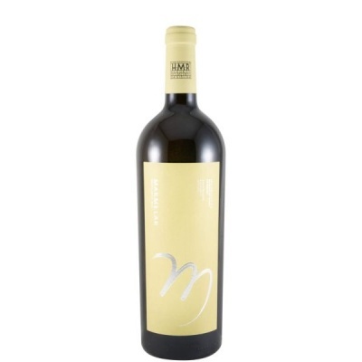 Garrafa de vinho marmelar com rótulo amarelo claro e tampa creme