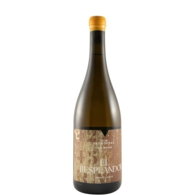 Garrafa de vinho branco com rótulo castanho e tampa amarela