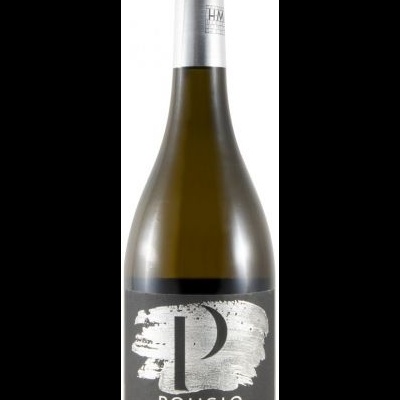 Garrafa de vinho branco Pousio Reserva com rótulo preto e cinza