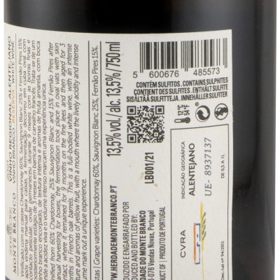 Rótulo com texto detalhado de vinho branco Monte Branco