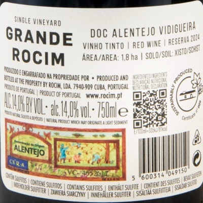 Etiqueta de vinho tinto GRANDE ROCIM com informações de origem, conteúdo e sustentabilidade
