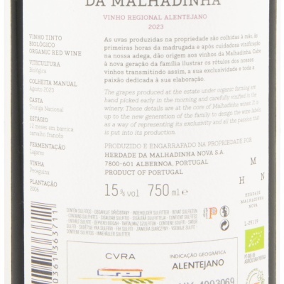 Etiqueta detalhada de vinho tinto Touriga Nacional da Malhadinha 2023 com informações de produção e origem