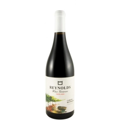 Garrafa de vinho tinto Reynolds com rótulo branco e desenho de videiras