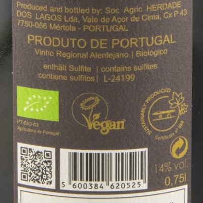 Etiqueta vinho Herdade Dos Lagos Amphora 2022 com detalhes castas, produção biológica, selo Vegan e volume 0,75L