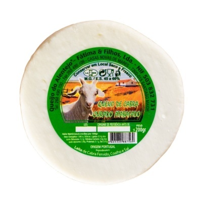 Queijo de cabra curado com etiqueta verde e imagem de cabra