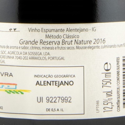 Rótulo de vinho espumante Alentejano Grande Reserva Brut Nature 2016 Monte do Pintor
