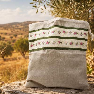 Saco de tecido bege com faixa floral verde e rosa em paisagem rural