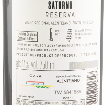 Etiqueta de vinho Saturno Reserva tinto Alentejano 2020