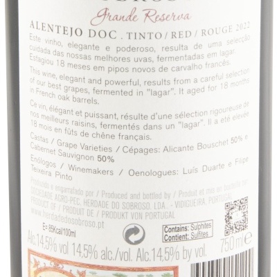 Rótulo de vinho tinto Herdade do Sobroso Alentejo DOC 2022 com texto em várias línguas e informações de castas