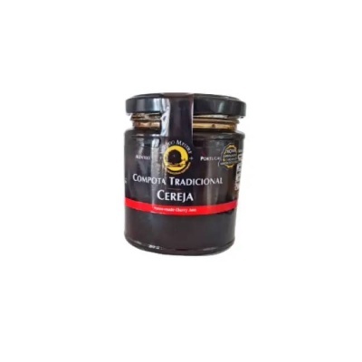 Frasco de compota tradicional de cereja com rótulo preto e vermelho