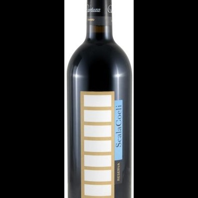Garrafa de vinho tinto Scala Coeli com rótulo branco, dourado e azul