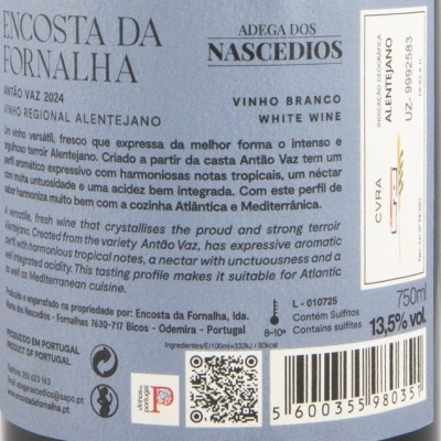 Rótulo de vinho branco Encosta da Fornalha Antão Vaz 2024, regional Alentejano, 750 ml, 13,5% vol