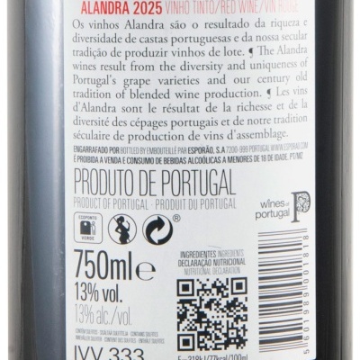Etiqueta traseira de garrafa de vinho tinto Alandra 2025 com texto trilingue e informações de volume, teor alcoólico, reciclagem e QR code.