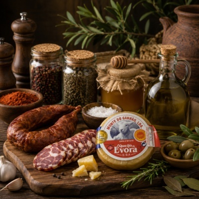 Queijo de Évora, chouriço, azeite, mel, especiarias e azeitonas numa mesa rústica