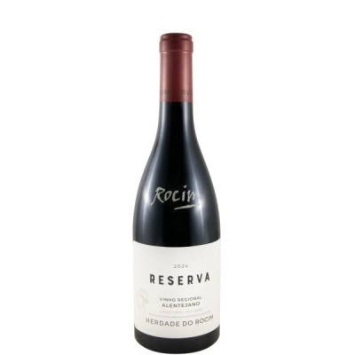 Garrafa de vinho tinto Reserva de Alentejo com rótulo branco e cápsula castanha