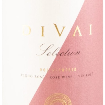 Etiqueta de vinho rosé DIVAI Selection com texto dourado e rosa