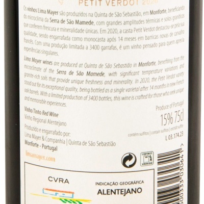 Rótulo traseiro de vinho tinto Lima Mayer Petit Verdot 2020 com especificações e indicação geográfica Alentejano