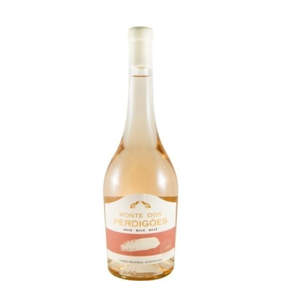 Garrafa de vinho rosé Monte dos Perdigões com rótulo branco e rosa