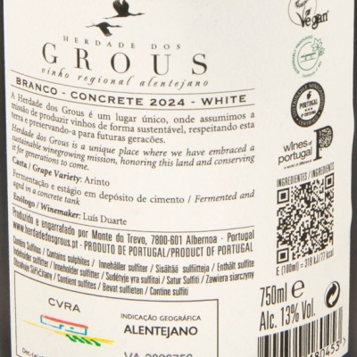 Etiqueta traseira de vinho branco Herdade dos Grous com informações de produção e teor alcoólico