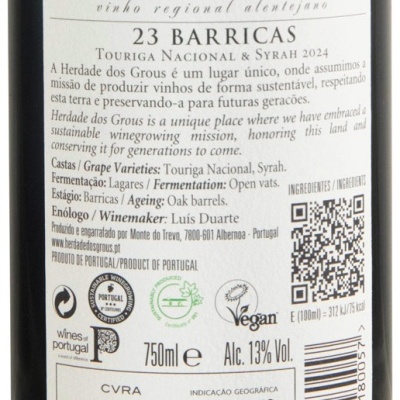Rótulo traseiro de vinho Herdade dos Grous 23 Barricas com texto detalhado e códigos QR