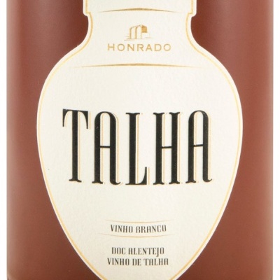 Rótulo de vinho branco Talha em ânfora com texto Honrado em fundo castanho