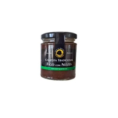 Frasco de compota tradicional de figo com nozes com rótulo preto, verde e amarelo